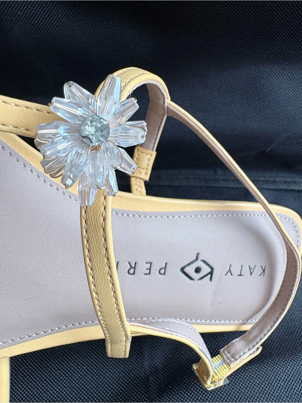 Katy Perry Collections Pale Yellow T-Strap Sandals with Crystal Flower